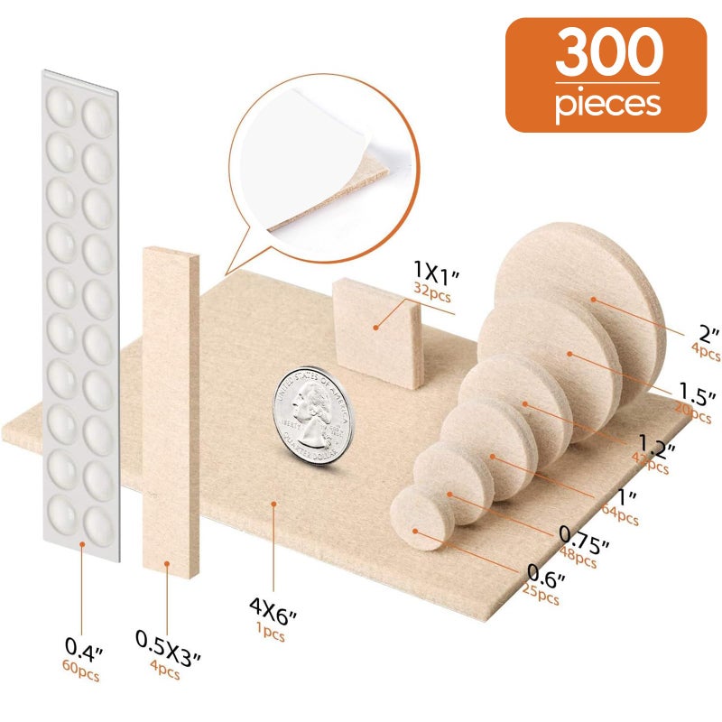 BAIPOK Furniture Pads 300 Pack Premium Furniture Felt Pads (Beige), Huge Quantity Self Adhesive Anti Scratch Floor Protector for Furniture Legs Hardwood with 60 Cabinet Door Bumpers - Image 4